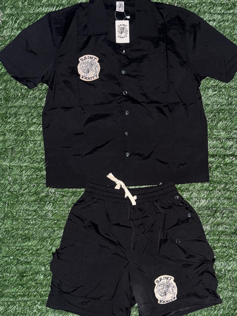 Black Short Sleeve Button-Down Shirt and short set